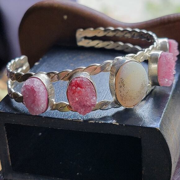 Sterling Silver Pink Druzy and Jasper Cuff Bracelet Handmade - Picture 1 of 6